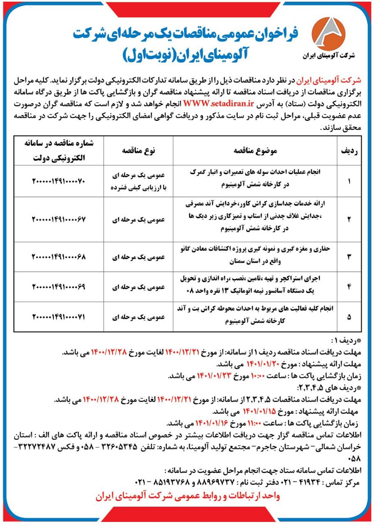 چاپ و انتشار نوبت اول آگهی مناقصات یک مرحله ای شرکت آلومینای ایران در روزنامه های
